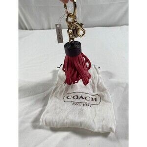 Coach Pink Red Leather Tassel Keychain with Gold Hardware